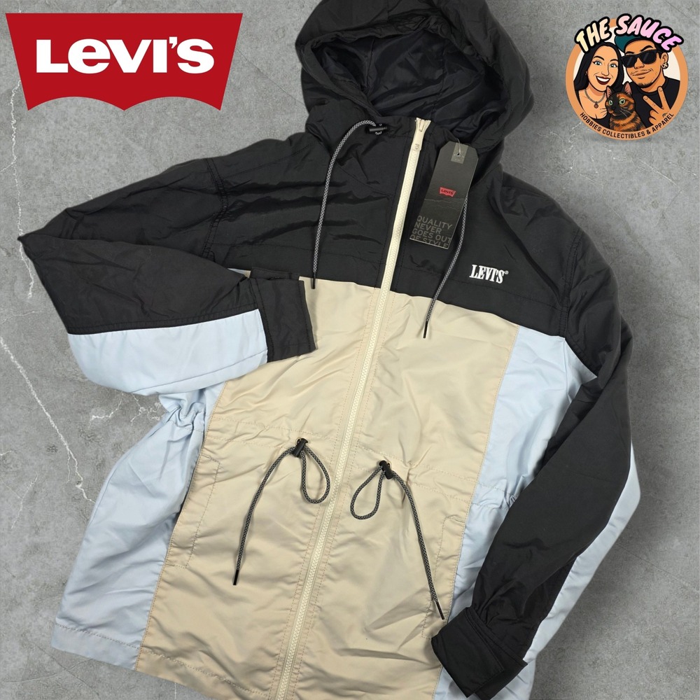 Levi's Colorblock Hooded Windbreaker Jacket Black Tan Blue XS Fleece Lined NWT